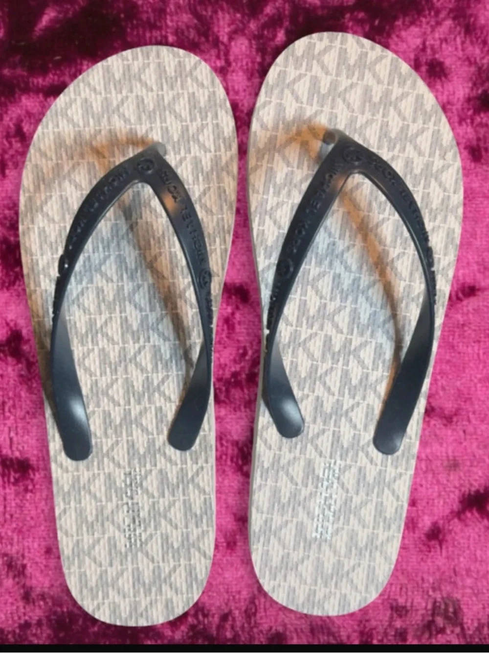 Michael Kors Beige Logo-Print Flip Flops with Black Straps